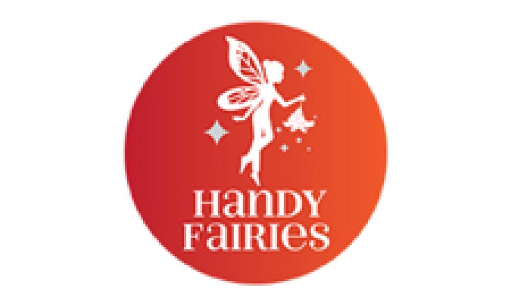 Handy Fairies logo is an orange circle with a fairy above the business name.